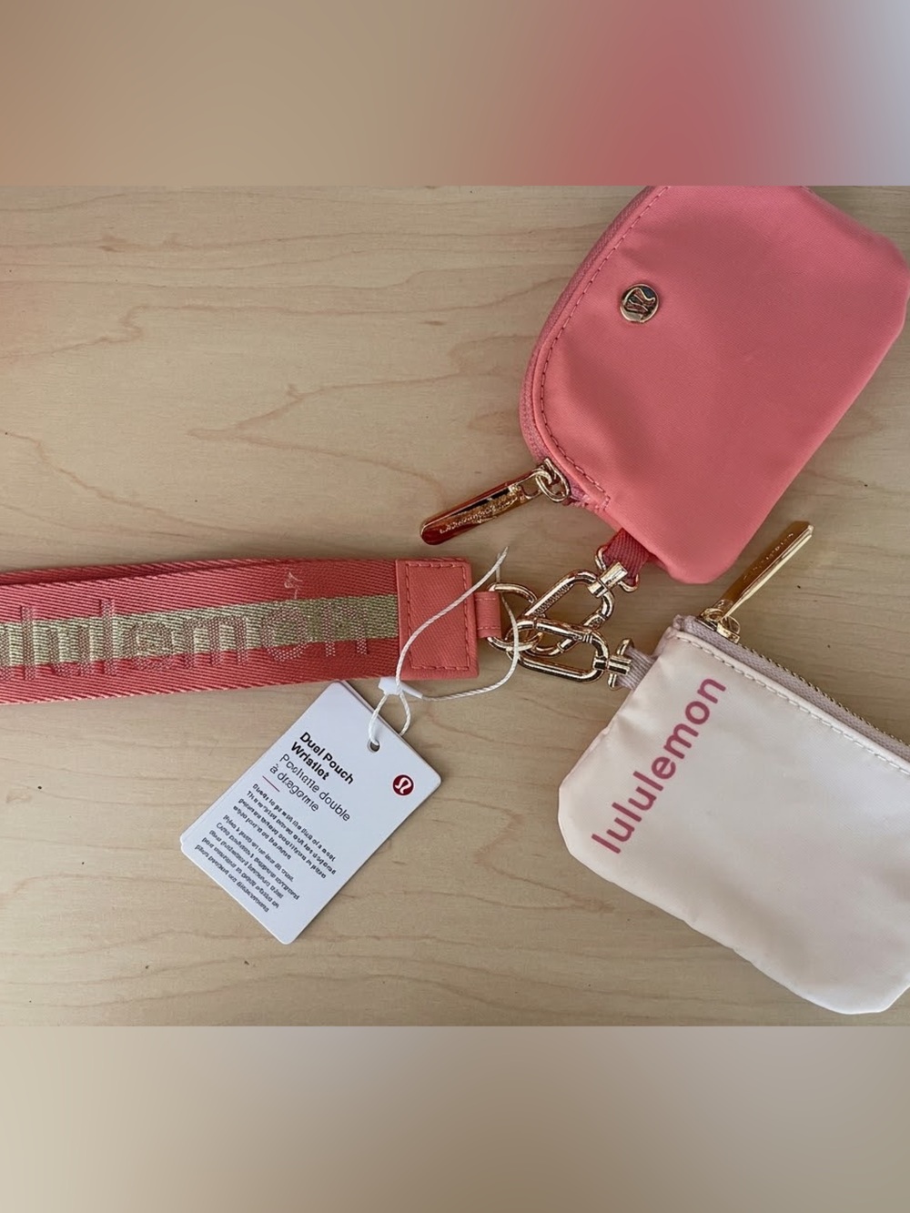 lululemon athletica Coral Cream Strap Card Pouch Set gold hardware nwt